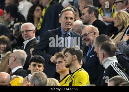 Hans-Joachim Watzke, directeur général du Borussia Dortmund, avant la demi-finale de l'UEFA Champions League, match de première manche au signal Iduna Park, Dortmund. Date de la photo : mercredi 1er mai 2024. Banque D'Images