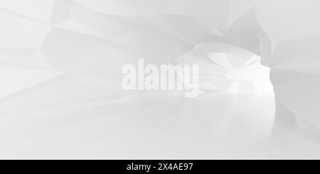 Fond blanc vide de tunnel ou de couloir abstrait, murs avec grand motif de géométrie polygonale, éclairé par l'arrière, illustration 3D. Banque D'Images