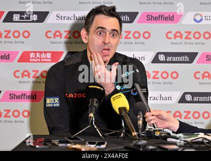 Sheffield, Royaume-Uni. 01 mai 2024. Ronnie O'Sullivan prend la parole lors de sa conférence de presse post-match, lors des Championnats du monde Cazoo 2024 au Crucible Theatre, Sheffield, Royaume-Uni, le 1er mai 2024 (photo de Cody Froggatt/News images) à Sheffield, Royaume-Uni, le 5/1/2024. (Photo de Cody Froggatt/News images/Sipa USA) crédit : Sipa USA/Alamy Live News Banque D'Images