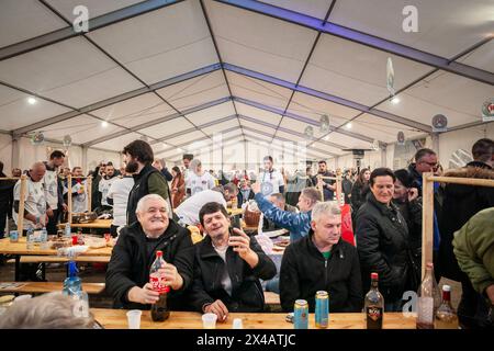 Photo de vieux hommes serbes dans le village serbe de Belo Blato célébrant et buvant de l'alcool en Serbie, dans une kafana, un bar serbe traditionnel et Banque D'Images