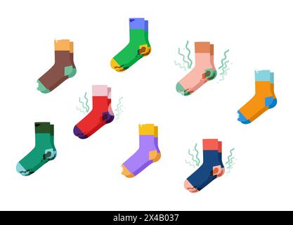 Ensemble de chaussettes colorées - sale, puant, avec des trous, mauvaise odeur désagréable ménage et concept de blanchisserie. Vêtements avec des taches, Leaky. Accessoire de mode illustration technique. Contour d'esquisse à plat vectoriel Illustration de Vecteur