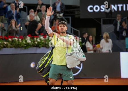 Madrid, Espagne. 01 mai 2024. Carlos Alcaraz Garfia, d'Espagne, joue contre Andrey Rublev, de Russie, lors du tournoi Mutua Madrid Open 2024 à la Caja Magica. Score final : Carlos Alcaraz Garfia 1:2 Andrey Rublev. Crédit : SOPA images Limited/Alamy Live News Banque D'Images