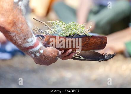 Feu rituel avec branche verte, fumée et feu, le rite rituel de la fumée lors d'un événement communautaire indigène en Australie Banque D'Images