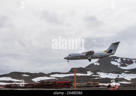 Île King George, Antarctique - 3 février 2024. Un Bae 146 britannique, également connu sous le nom d'Avro RJ, exploité par Antarctic Airways, ou DAP Airlines, approche de l'île King George, pour ramasser les touristes antarctiques. Banque D'Images