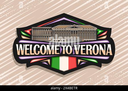 Logo vectoriel pour Vérone, panneau décoratif avec illustration de contour du paysage de ville de vérone illuminé européen sur fond de ciel nocturne, art desi Illustration de Vecteur