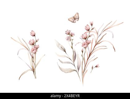 Ensemble de branches d'illustration botanique d'automne à l'aquarelle et de fleurs rose clair. Illustration florale d'automne et papillon. Vibrations d'automne. Peint à la main Banque D'Images