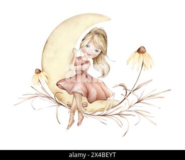 Blonde jeune fille ballerine dans une robe rose et chaussons se trouve sur la lune. Illustration dessinée à la main en isolé sur fond blanc. Dreamer Girl et Banque D'Images
