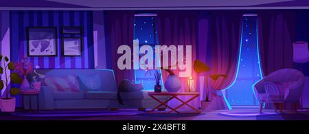Intérieur du salon la nuit - maison bleu foncé à l'intérieur avec fenêtres et lumière rose de la lampe à bougie. Dessin animé vecteur appartement de minuit avec chat dormant sur canapé, fauteuil et table, plantes et fleurs Illustration de Vecteur