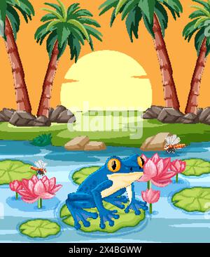 Grenouille bleue assise sur un coussin de nénuphar dans un cadre tropical. Illustration de Vecteur