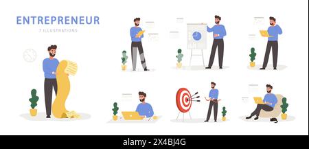 Ensemble d'entrepreneurs masculins. Hommes réussis dans diverses scènes. Employé de bureau moderne ou expert en affaires. Illustration vectorielle dans le style de dessin animé plat Illustration de Vecteur