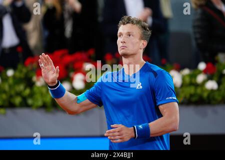 Jiri Lehecka de la République tchèque après son match contre Rafael Nadal de l'Espagne lors du Mutua Madrid Open 2024, ATP Masters 1000 et WTA 1000, tournoi de tennis le 30 avril 2024 à Caja Magica à Madrid, Espagne Banque D'Images