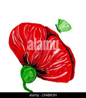 Illustration de fleur de coquelicot. Couleur rouge, pousse verte. Détails noirs. Au-dessus de la fleur se trouve un petit papillon vert. Stylisme. Dessin au stylo à encre. Memorial Day. Ressort. Banque D'Images