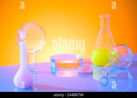 Ingrédient chimique cosmétique sur la table de laboratoire, équipement en verre avec liquide de couleur à l'intérieur décoré. Podium de cylindre en verre pour la présentation du produit. Banque D'Images