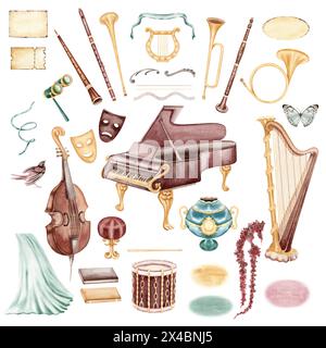 Ensemble d'illustration d'aquarelle d'instruments de musique classiques. Piano vintage, harpe, tambour, basse, flûte, clarinette, trompette, cor, lyre pour théâtre musical, op Banque D'Images