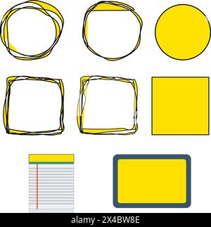 Balles, rondes, carrées, griffonnages, notes, bloc-notes, tableau noir, couleur noir et jaune, Allemagne Illustration de Vecteur