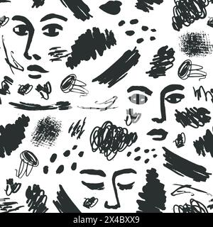 Motif sans couture abstrait d'art de visage vectoriel. Imprimé de mode femme avec des taches d'encre, textures dessinées à la main. Croquis de beauté créative moderne, noir et blanc. Illustration de Vecteur