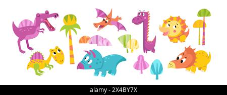 Dinosaures de dessin animé mignons. Illustration simple isolée stylisée plate pour la conception sur fond blanc. Modèle pour le texte. Graphiques vectoriels Illustration de Vecteur