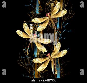 Trois libellules dorées, étincelantes et peintes artistiquement volent sur un fond noir pittoresque peint avec de la peinture or et turquoise. Golden drago Illustration de Vecteur