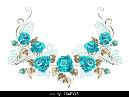 Guirlande symétrique de turquoise, roses peintes artistiquement avec des bijoux en or et de fines feuilles turquoise sur fond blanc. Rose turquoise. Illustration de Vecteur