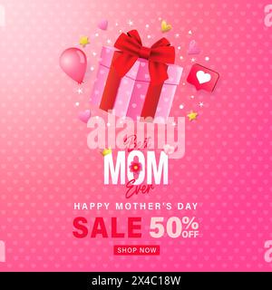 Conception de bannière de vente de fête des mères pour la meilleure MAMAN jamais avec boîte-cadeau. Modèle de promotion pour Happy Mother's Day avec offre spéciale jusqu'à 50% de réduction. Vecteur Illustration de Vecteur