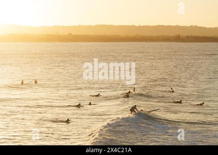 Surfeurs attrapant une vague dans une mer calme à Byron Bay, en Australie, sur un magnifique après-midi de coucher de soleil, avec une vague impuissante traversant la mer Banque D'Images