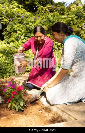 Mère indienne et fille adolescente plantant des fleurs, souriant ensemble. Portant kurta rose vif et robe bleue, profitant d'une journée ensoleillée, inaltérée Banque D'Images