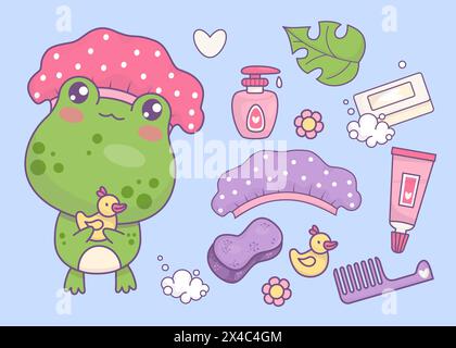 Ensemble d'heure de bain. Jolie grenouille de dessin animé charmante dans le bonnet de douche avec canard en caoutchouc. Personnage animal de dessin animé kawaii, accessoires de bain, savon, éponge, crème, peigne Illustration de Vecteur