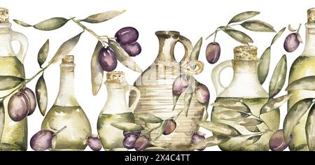 Aquarelle olive bordure sans couture avec olives vertes, bouteille d'huile et clipart de cruche. Illustration botanique isolée dessinée à la main. Peut être utilisé pour les cartes, emb Banque D'Images
