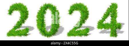 Concept conceptuel 2024 année faite de symbole vert d'herbe de pelouse d'été isolé sur fond blanc. illustration 3d comme métaphore de l'avenir, de la nature Banque D'Images