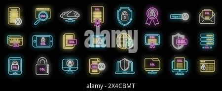 Les icônes de certificat SSL définissent le vecteur de contour. Sécurité SSL. Scannez la couleur néon du virus sur noir Illustration de Vecteur