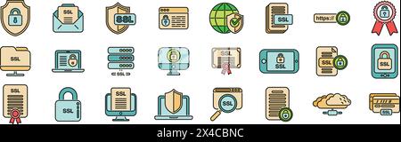 Les icônes de certificat SSL définissent le vecteur de contour. Sécurité SSL. Scanner la couleur de la ligne mince de virus plat sur blanc Illustration de Vecteur