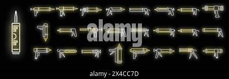 Les icônes de pistolet de calfeutrage de silicone définissent le vecteur de contour. Adjuvant d'adhésif. Charpentier de construction couleur néon sur noir Illustration de Vecteur