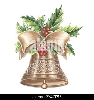 Cloche bronze ornée d'un noeud en soie et d'un houx. Sapin de Noël décorations de vacances du nouvel an en vintage. Motif festif d'illustration d'aquarelle dessinée à la main Banque D'Images