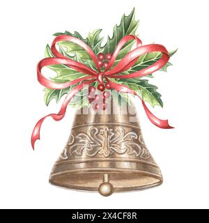 Cloche bronze ornée d'un noeud en soie et d'un houx. Sapin de Noël décorations de vacances du nouvel an en vintage. Motif festif d'illustration d'aquarelle dessinée à la main Banque D'Images