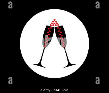 Deux verres à champagne avec des coeurs rouges. Clin d'œil, acclamations et toasts. Clipart vectoriel sur fond blanc et noir. Illustration de Vecteur