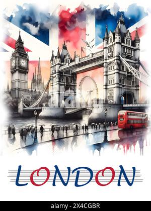 Illustration artistique de sites dans la ville de Londres au Royaume-Uni fusionné avec le drapeau national Banque D'Images