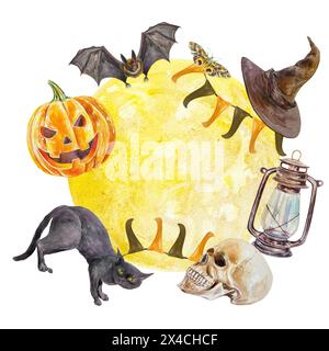 Modèle d'Halloween avec lune, crâne, citrouille, chauve-souris, chapeau, lampe, cat. Illustration d'aquarelle dessinée à la main isolée sur fond blanc. Pour les cartes, invitat Banque D'Images