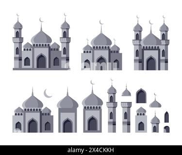 Ensemble de mosquées islamiques et minarets avec dôme. Collection d'éléments d'architecture arabes. Style plat. Illustration vectorielle. Illustration de Vecteur