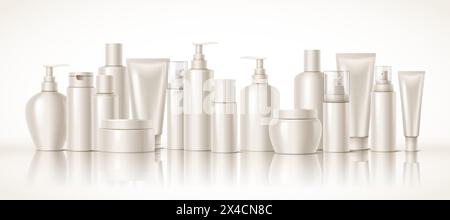 Divers paquets de produits cosmétiques ensemble d'illustration vectorielle réaliste. Conteneurs rechargeables avec espace de copie objets 3D sur fond blanc Illustration de Vecteur