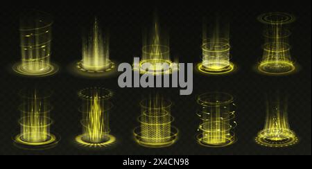 Portails avec la lumière jaune clignote ensemble d'illustration vectorielle réaliste. Pouvoir magique et science éléments 3D sur fond noir. Modèle de niveau supérieur Illustration de Vecteur