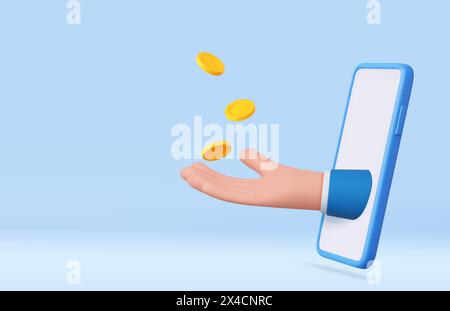 main 3d avec des pièces de monnaie volant. main de personnage sortant de l'écran du téléphone intelligent, jette des pièces d'or à l'air. rendu 3d. Illustration vectorielle Illustration de Vecteur