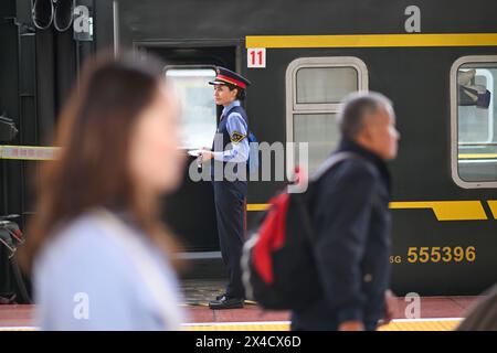 (240502) -- URUMQI, 2 mai 2024 (Xinhua) -- Airkir Duliki travaille dans une gare de Chengdu, dans la province du Sichuan, au sud-ouest de la Chine, le 20 avril 2024. Airkir Duliki, le chef de train tadjik âgé de 27 ans, est né et a grandi au milieu des montagnes enneigées et des prairies dans un village du comté autonome tadjik de Taxkorgan sur le plateau du Pamir, où les chemins de fer n'étaient pas courants pour les résidents dans le passé. La première expérience d'Airkir avec le voyage en train s'est produite quand elle s'est rendue à Urumqi pour l'université au Xinjiang. Accompagnée de son père, elle a parcouru plus de 300 kilomètres de montagne Banque D'Images