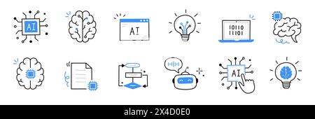 Icône de cerveau artificiel ai. Icône de ligne de doodle dessinée à la main par robot numérique ai machine. Algorithme de cerveau artificiel concept de science de machine. Ligne bleue mignonne de style esquisse dessinée à la main. Illustration vectorielle Illustration de Vecteur