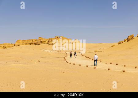 Wadi al Hitan, Faiyum, Égypte. Sentier pédestre vers les fossiles du site paléontologique de Wadi el-Hitan. (Usage éditorial uniquement) Banque D'Images