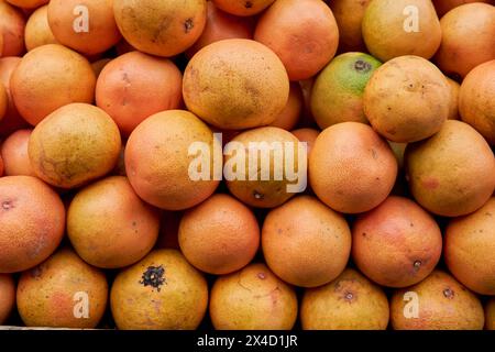 gros plan d'un tas d'oranges biologiques empilées dans un magasin de légumes Banque D'Images