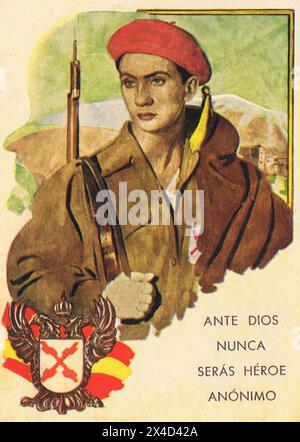 Cartel de la guerra civil Española 'Ante Dios nunca serás un heroe anónimo', 1956. Banque D'Images