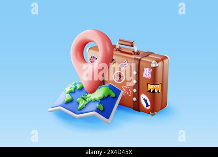 valise vintage 3d avec carte en papier plié Illustration de Vecteur