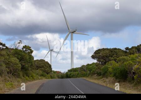 Plusieurs éoliennes dans un champ sur fond de paysage naturel avec une ferme agricole, des vaches sur un champ et une mer bleue Banque D'Images