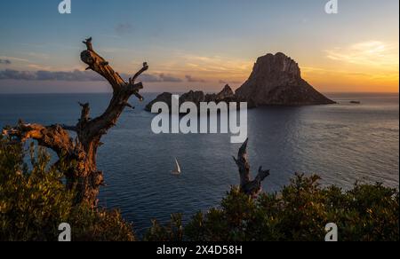 Vue panoramique des îles es Vedra et es Vendrell depuis la falaise es Vedra mirador, Sant Josep de sa Talaia, Ibiza, Îles Baléares, Espagne Banque D'Images