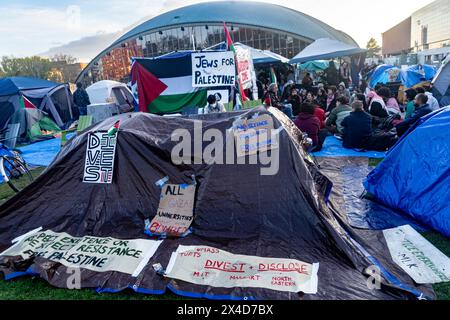 1er mai 2024, Massachusetts Institute of Technology, Cambridge, Massachusetts, États-Unis : campement pro-palestinien sur le campus du MIT, protestant contre la guerre à Gaza. Les étudiants ont installé des tentes lors des manifestations nationales sur le campus qui ont commencé le mois dernier. Crédit : Keiko Hiromi/AFLO/Alamy Live News Banque D'Images